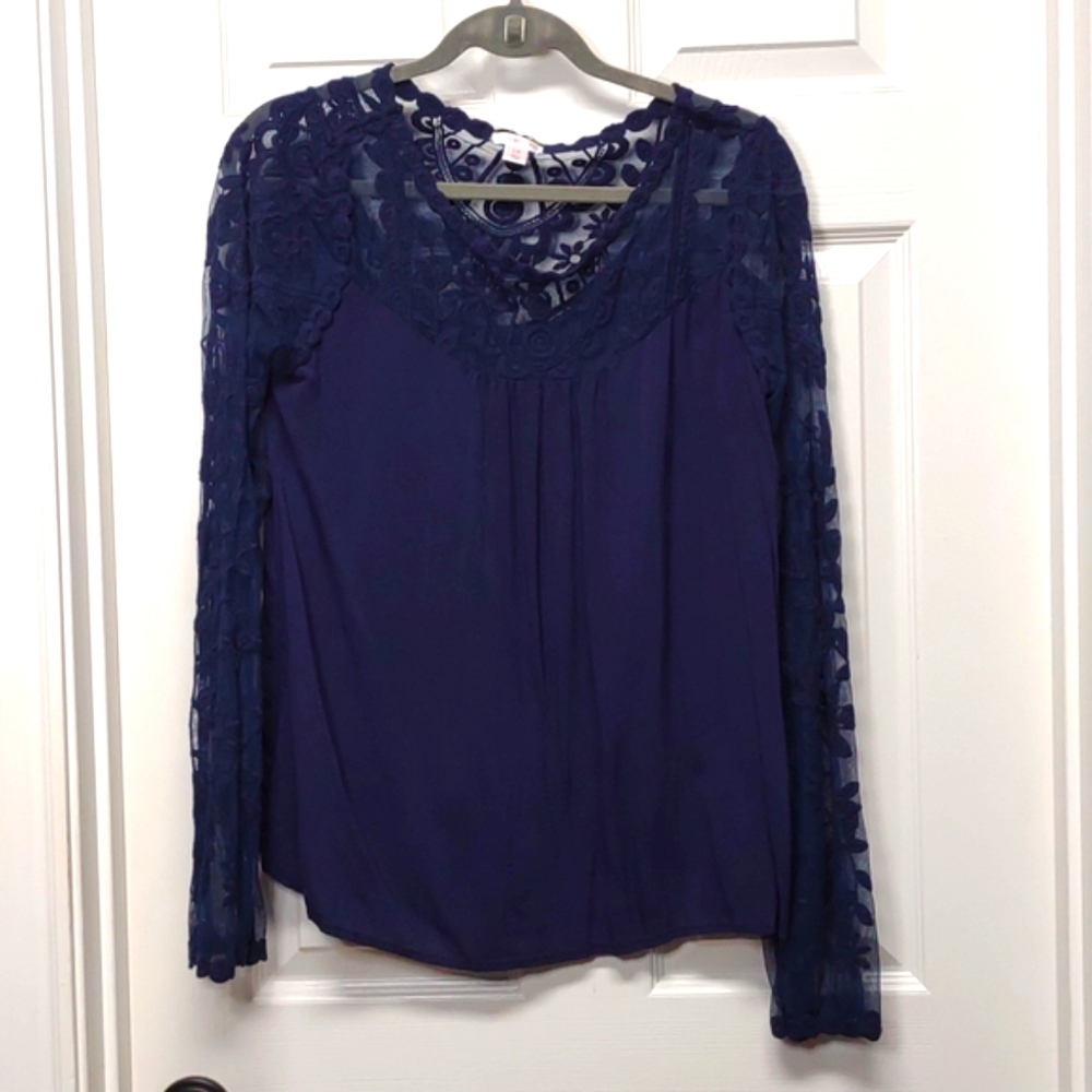 Xhilaration Long Lace Sleeved top, size large, navy blue, lace, blouse